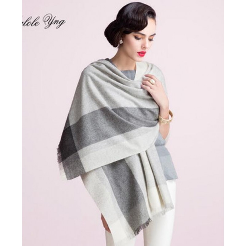 Pure Cashmere Scarf Women Gray Big Plaid Fashional Winter Warm Scarf